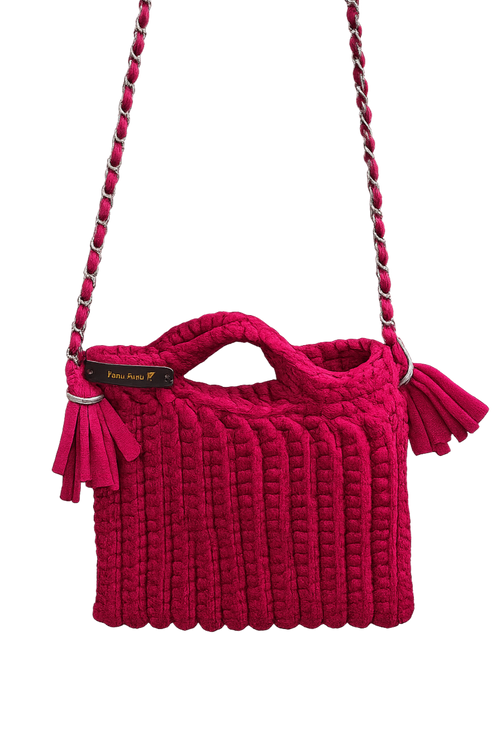 Borsa a Spalla Intrecciata in Tessuto Fucsia